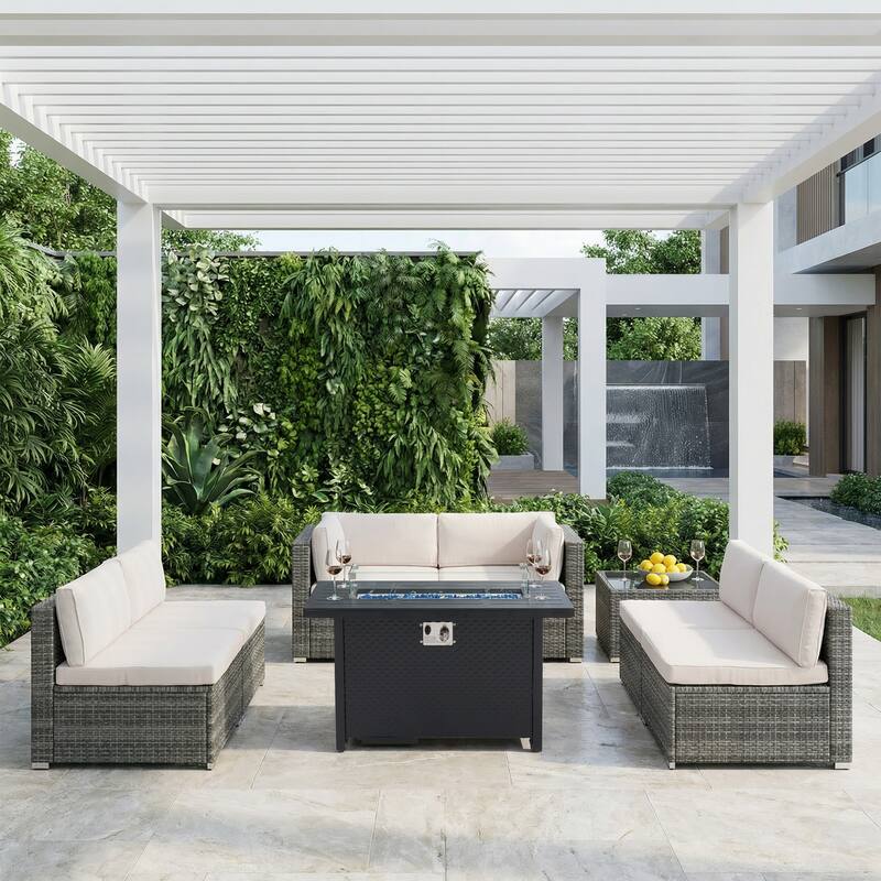 Outdoor Wicker Sectional Sofa 8-Piece Set with Fire Pit Table - Grey/White
