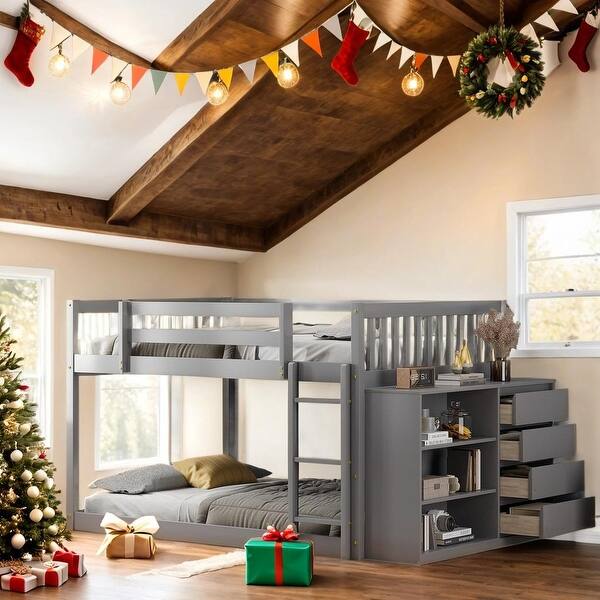slide 2 of 18, Full over Full Bunk Bed with 4 Drawers and 3 Shelves-Gray Gray