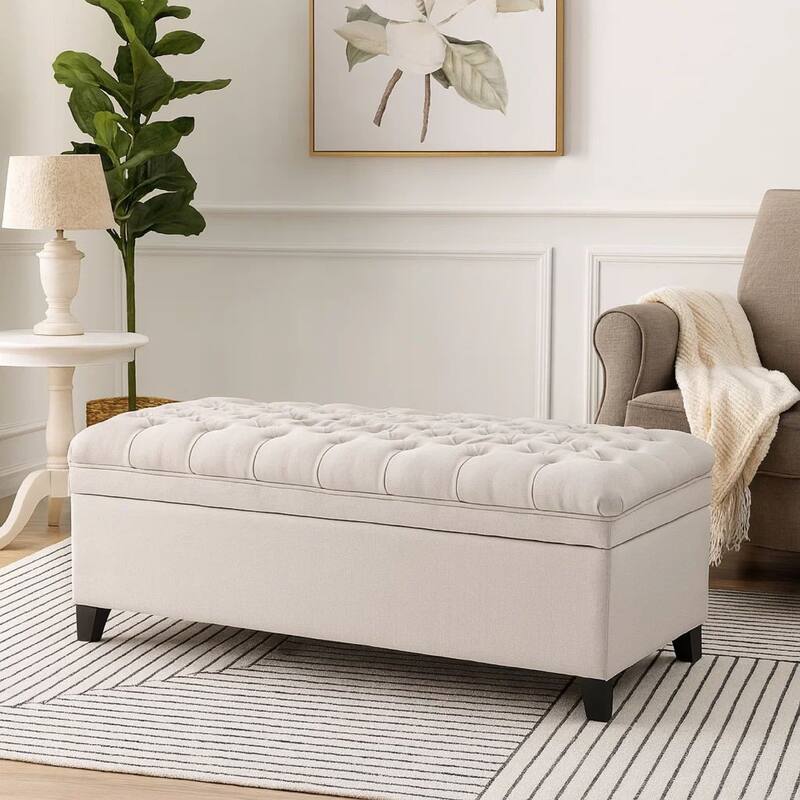 Rhya Storage Bench Ottoman, 50 Inch Seat, Button Tufted Gray Fabric