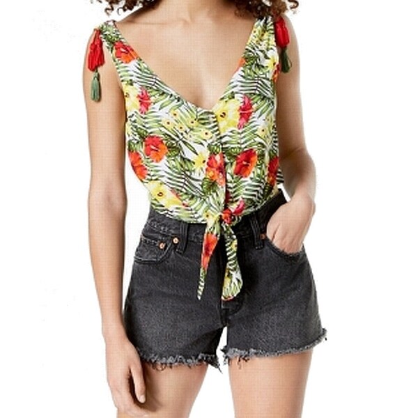 XOXO Green Medium Junior Striped V-Neck Tie Front Tank Cami Top