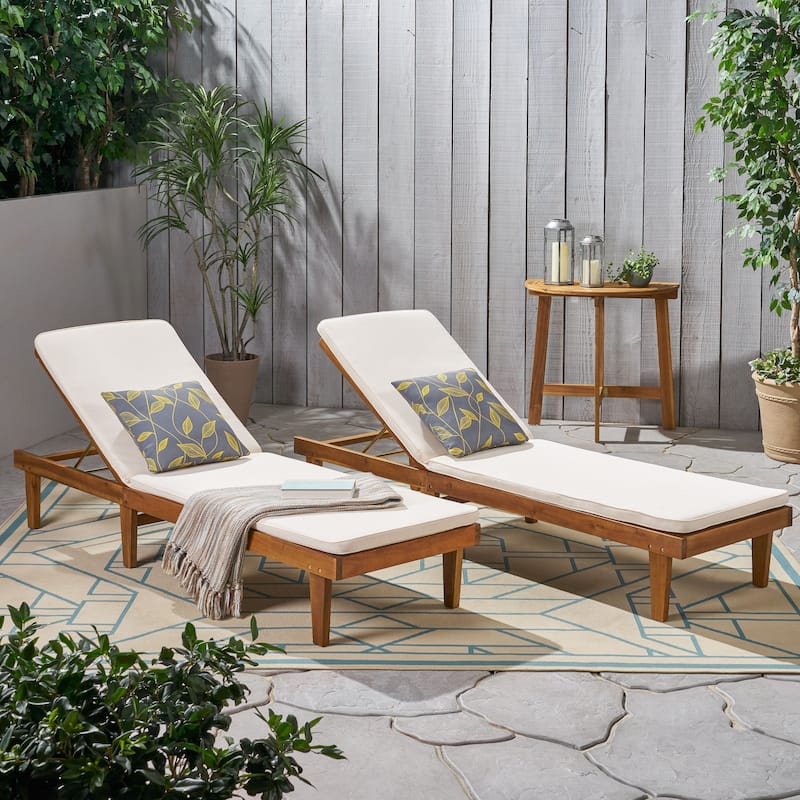 Nadine Outdoor Modern Cushioned Acacia Chaise Lounges (Set of 2) by Christopher Knight Home - Teak Finish + Cream Cushion
