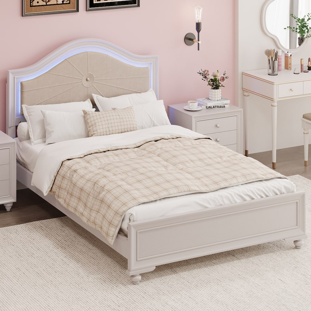 Cream Grey Bed Frame with Curved Hidden Built-in Light Upholstered Headboard Lowprofile Platform Bed Wood Slat Support Panel Bed