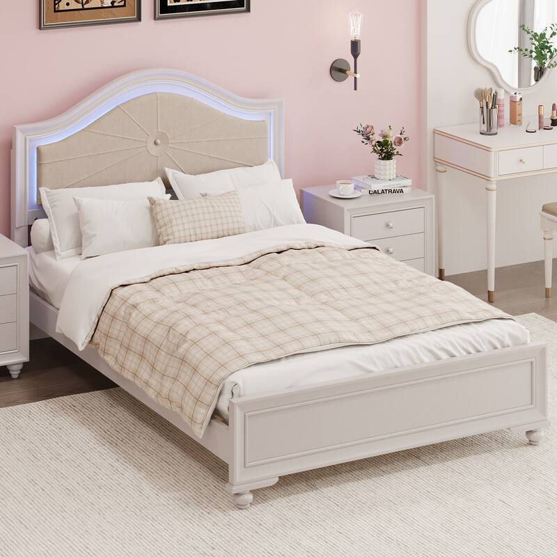 Modern Full Size Wood Bed with Hidden LED Light Upholstered Curved Headboard, No Box Spring Needed, Cream Grey