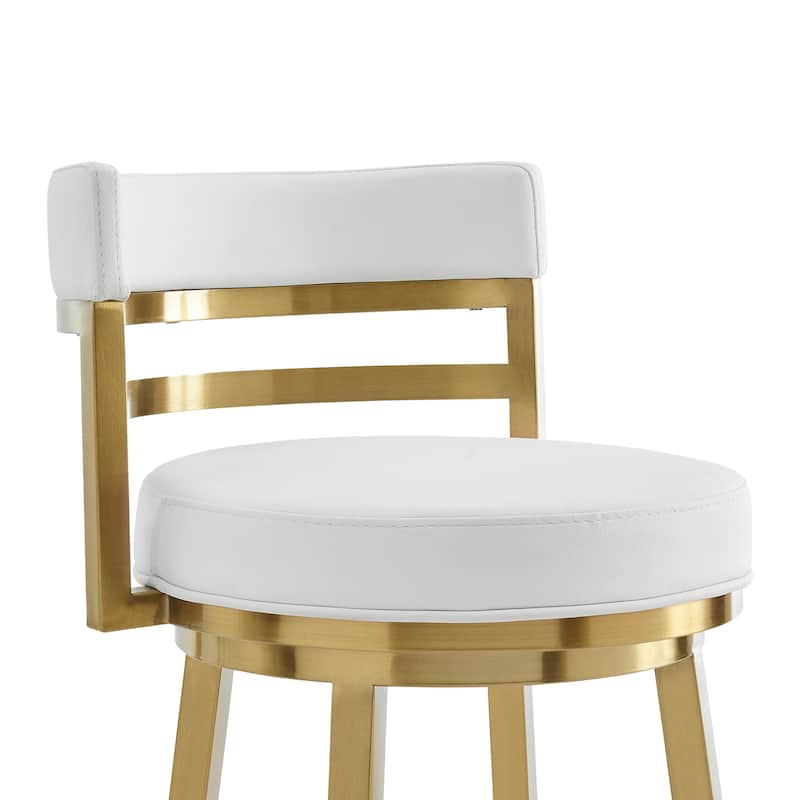 HomeRoots 26" White and Gold Faux Leather and Stainless Steel Low Back Counter Height Swivel Bar Chair