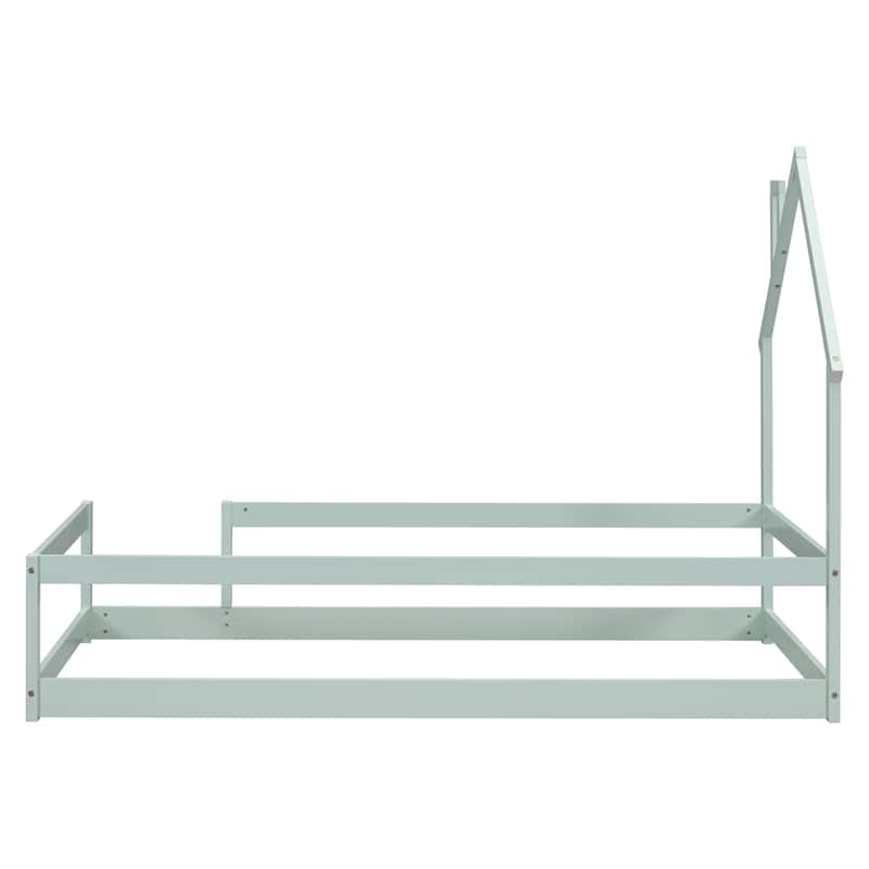 Toddler Floor Bed with Fences, House-shaped Headboard and Chimney, Twin Size No Slats Platform Bed for Kids Boys Girls