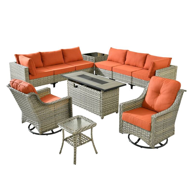 OVIOS 11-Piece Outdoor Wicker Swivel Chair Set With Solar-Powered Coffee Table&Fire Pit