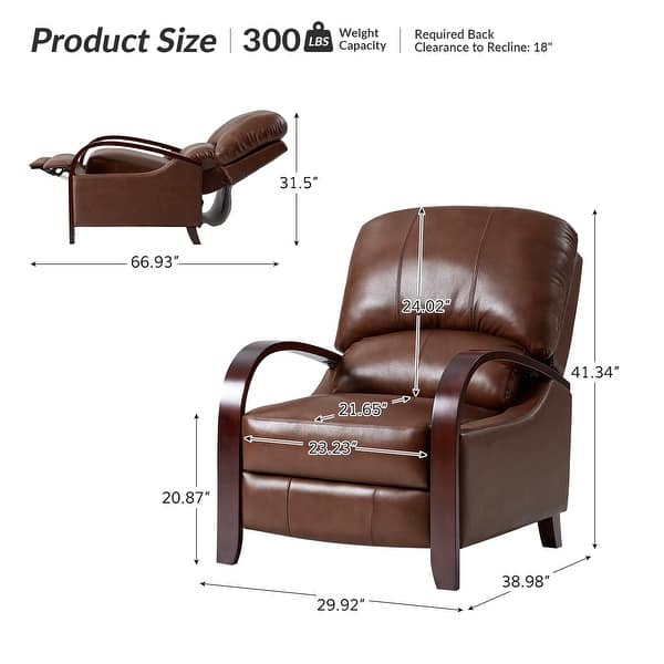 dimension image slide 11 of 14, Alex Mid-century Modern Genuine Leather Manual Recliner with Wooden Curved Arms