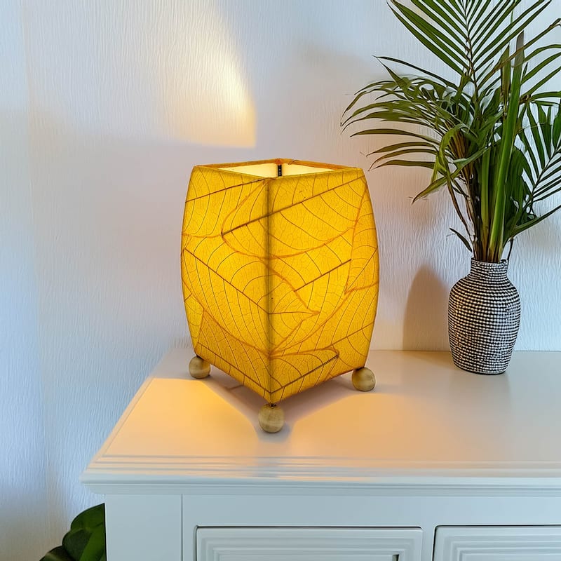 Handmade Mini Square Cocoa Leaf Table Lamp, Cocoa Leaves Shade, 6 x 6 x 9 in.