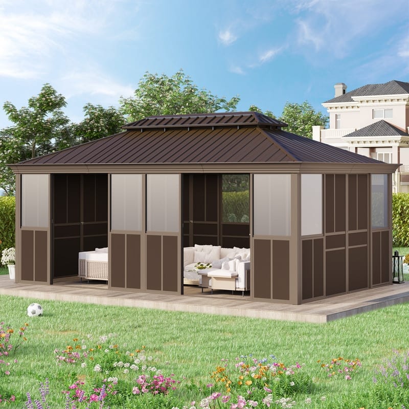 Hardtop Sunroom with Double Steel Roof, Sliding/Lockable Doors & Screens - All-Season Rustproof Aluminum Frame,Advanced Drainage