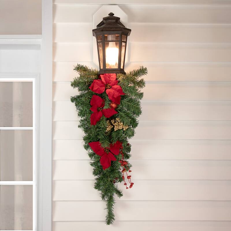 30'' Red Poinsettia Gold Pine Cone Artificial Christmas Teardrop Swag