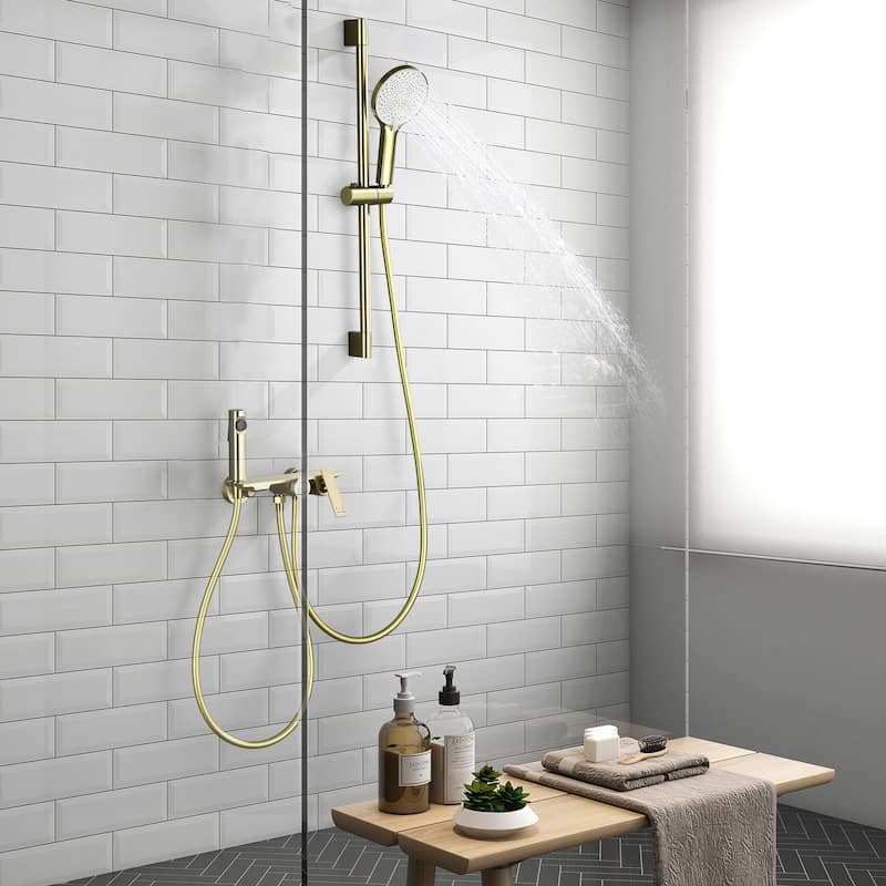 Shower Slide Bar System, 3-Function Handheld Shower Head with Spray Gun And Rough-In Valve - Brushed Gold