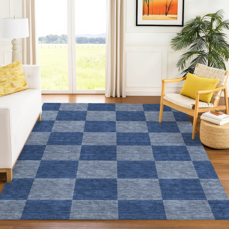 Machine Washable Indoor/ Outdoor Modern Checker Chantille Rug