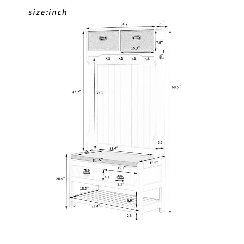Hall Tree with 6 Hooks & Hinged-Lid Storage Bench, Entryway Coat Rack with Drawers & Shoe Cubbies, 34.2W x 68.5H