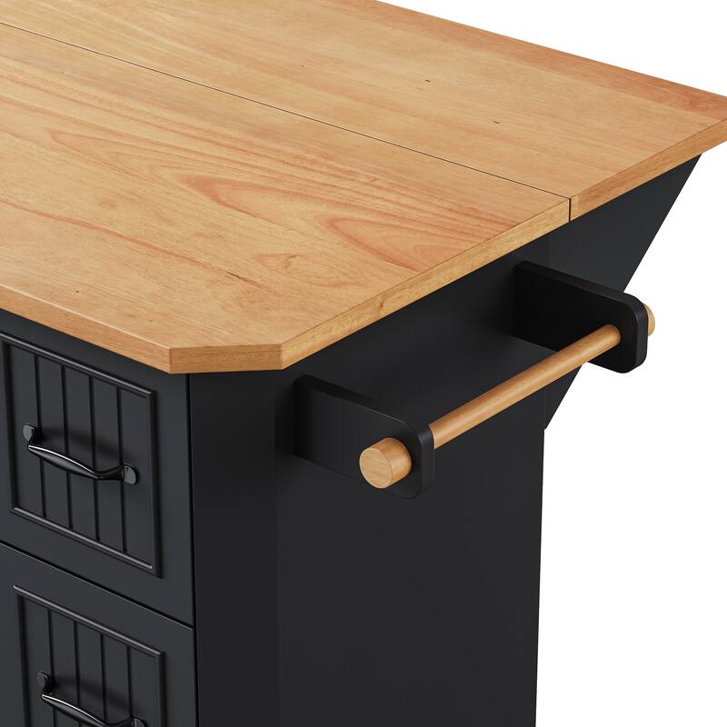 55.5'' Rubber Wood Kitchen Island with Power Outlet, Drop Leaf, Rolling Wheels and 6 Deep Drawers - 55.5'' x 29.75'' x 36''