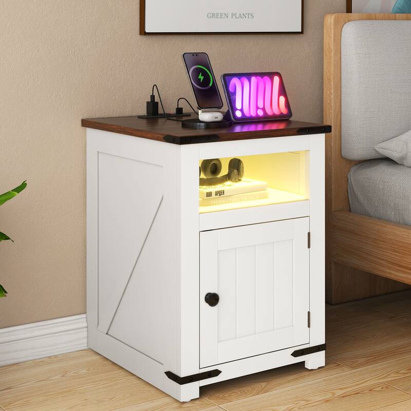 Moasis Set of 2 Farmhouse LED End Table with Charging Station Sofa Side Table USB Ports