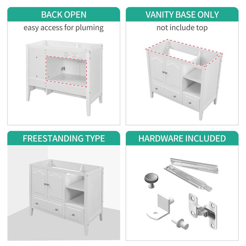 36" Bathroom Vanity Base Only, Solid Wood Frame and MDF Boards for Kitchen, Living Room or Entryway