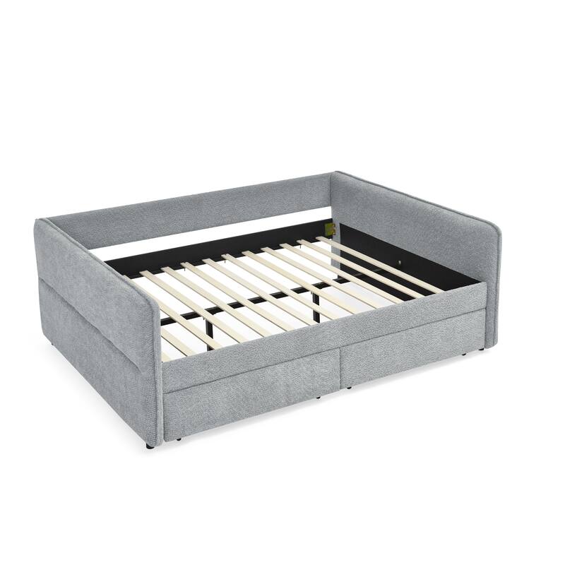 Roomfitters Queen Boucle Daybed with Trundle, Two Storage Drawers and Upholstered Sofa Bed Frame