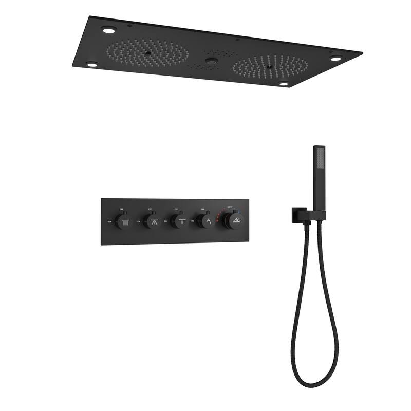 Thermostatic 4-Spray 28 in. x 15 in. Ceiling Mount Fixed and Handheld Dual Shower Head 2.5 GPM with LED Mood Light & Music