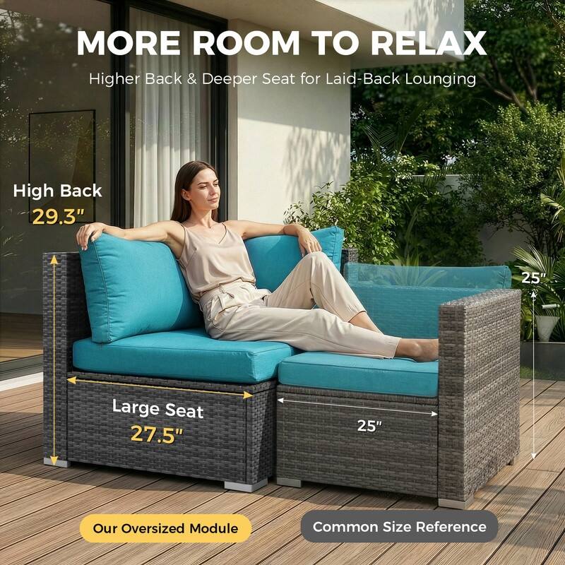 FINCATI 15 Piece Grey Wicker Patio Conversation Set with Ottomans, Fire Pit Table