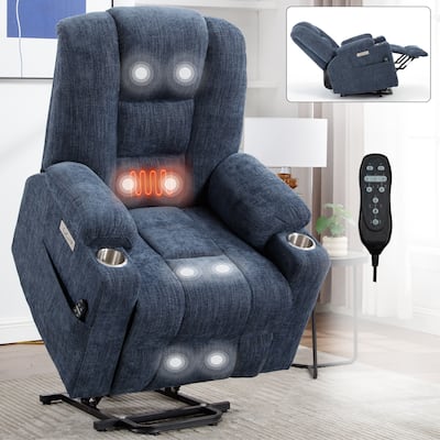 Overstuffed Wide Recliners, Large Power Lift Recliner Chair with Massage and Heat for Elderly, 2 Steel Cup Holders, Blue