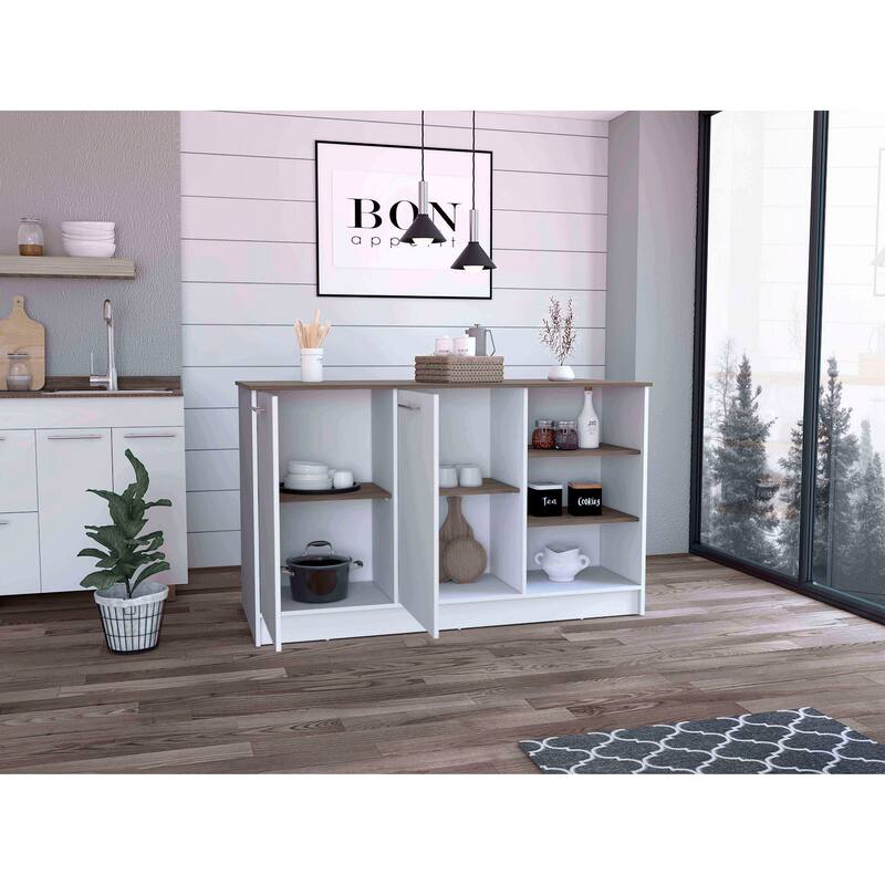 White and Dark Brown Kitchen Island, Two Cabinets, Three Open Shelves for Storage