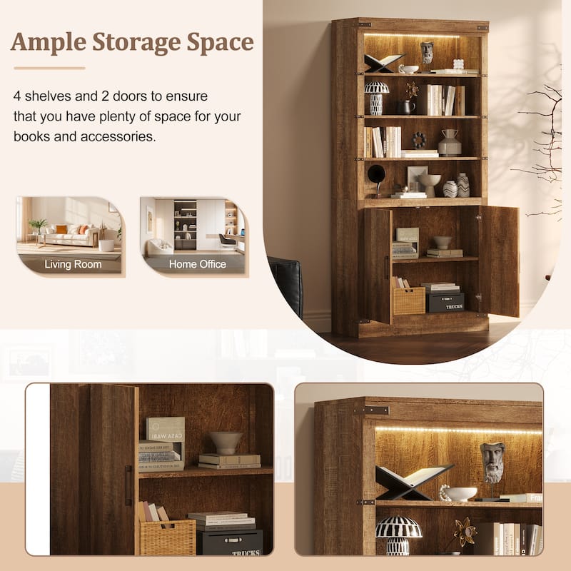 83.4" Tall Modern Bookshelf with Doors, Farmhouse Bookcase with 3-Tier Adjustable Shelves, Display Shelves with LED Light