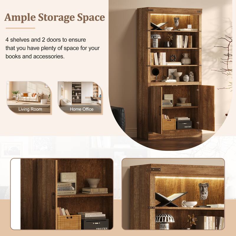 Merax Farmhouse Style Bookcase with 3-Tier Adjustable Shelves and LED Lighting