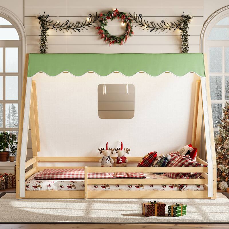 House Floor Bed with Tent and Light Montessori Kids Wood Bed Frame