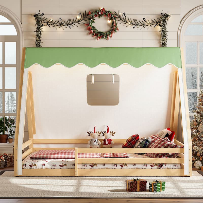 Teepee Montessori Bed for Toddlers, House-shaped Platform Bed Kids Playful Floor Bed with Tent, Sunroof and Light Strip