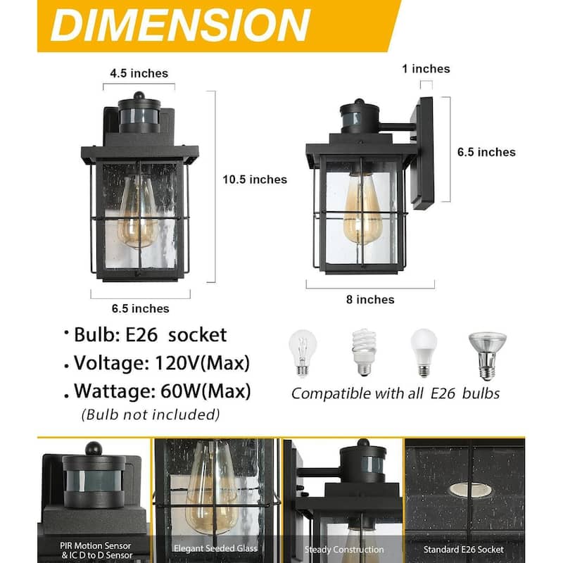Bern Dusk to Dawn Set of 2 Black Motion Sensor Outdoor Wall Lantern Exterior Sconce - L 7.1"* W 7.7"* H 10.6"