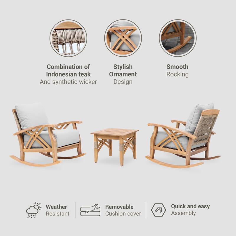 Cambridge Casual Carmel 3-piece Teak Outdoor Rocking Chair Set with Cushion