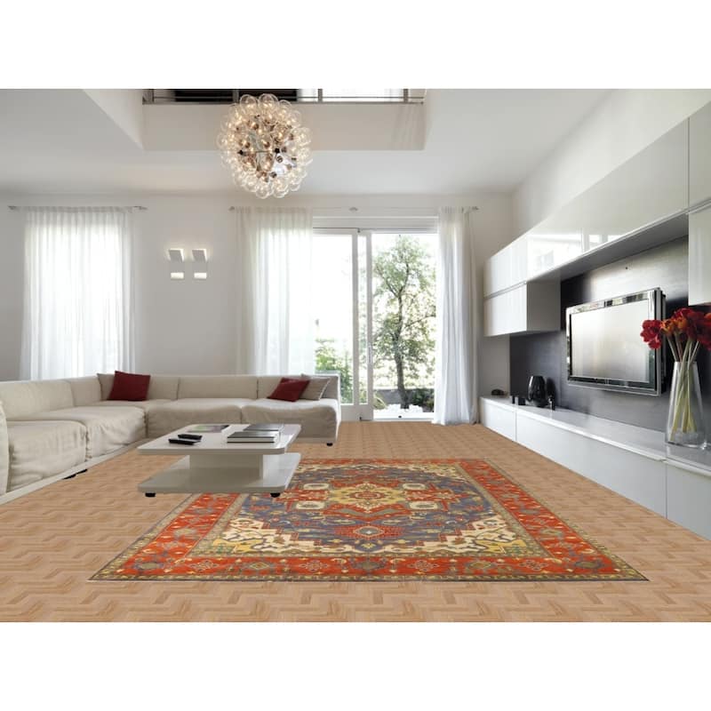 Hand Knotted Oriental 100% Wool Carpet Traditional Medallion Navy Blue & Blues Heriz (serapi) Area Rug - 14' 1'' X 9' 11''