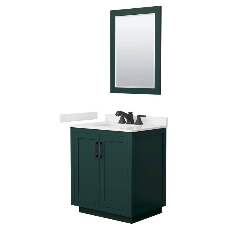 Miranda 30-inch Single Vanity, Quartz Top, 24-inch Mirror - Green, Black Trim, White Quartz Top