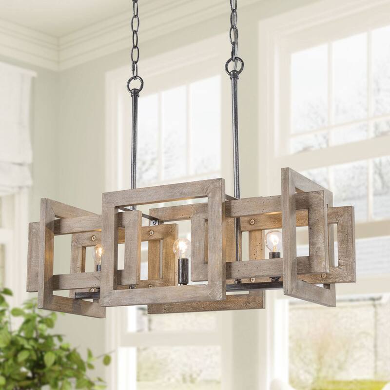 Loby Farmhouse 3-Light Solid Wood Small Chandelier Rustic Linear Kitchen Island Pendant Light - W 22" x D 9" x H 9"