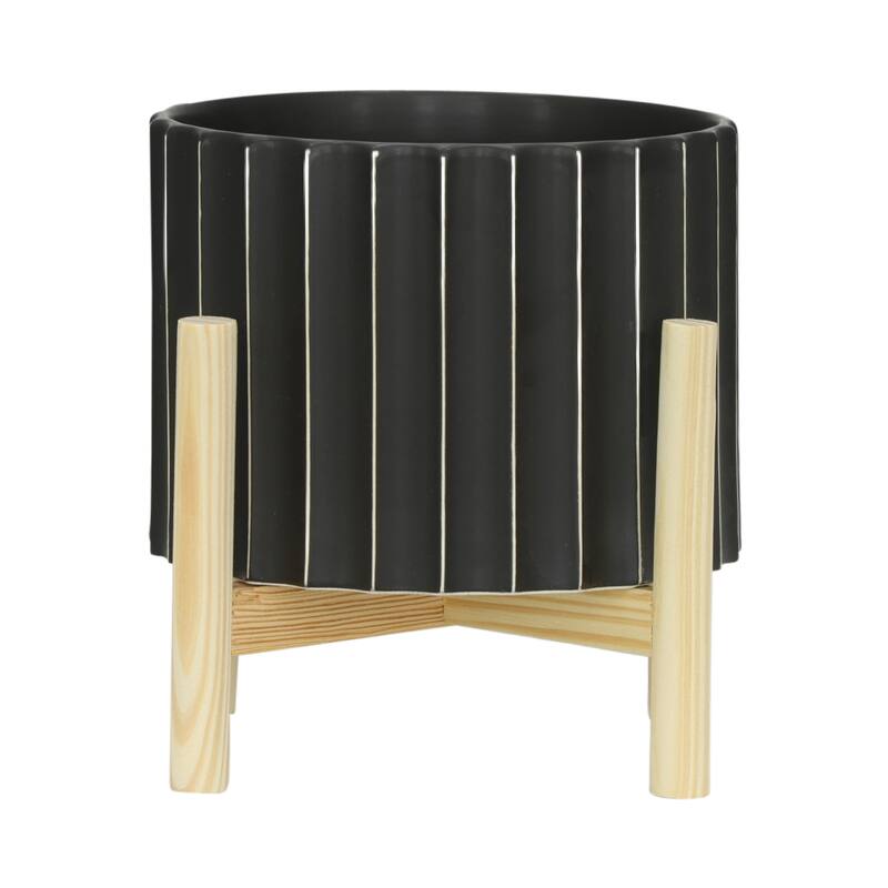 Ceramic Fluted Planter with Wood Stand - Black