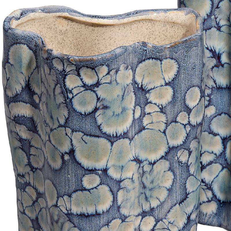 Gipo Decorative Flower Vase Set of 2, Ruffled Body, Blue White Ceramic