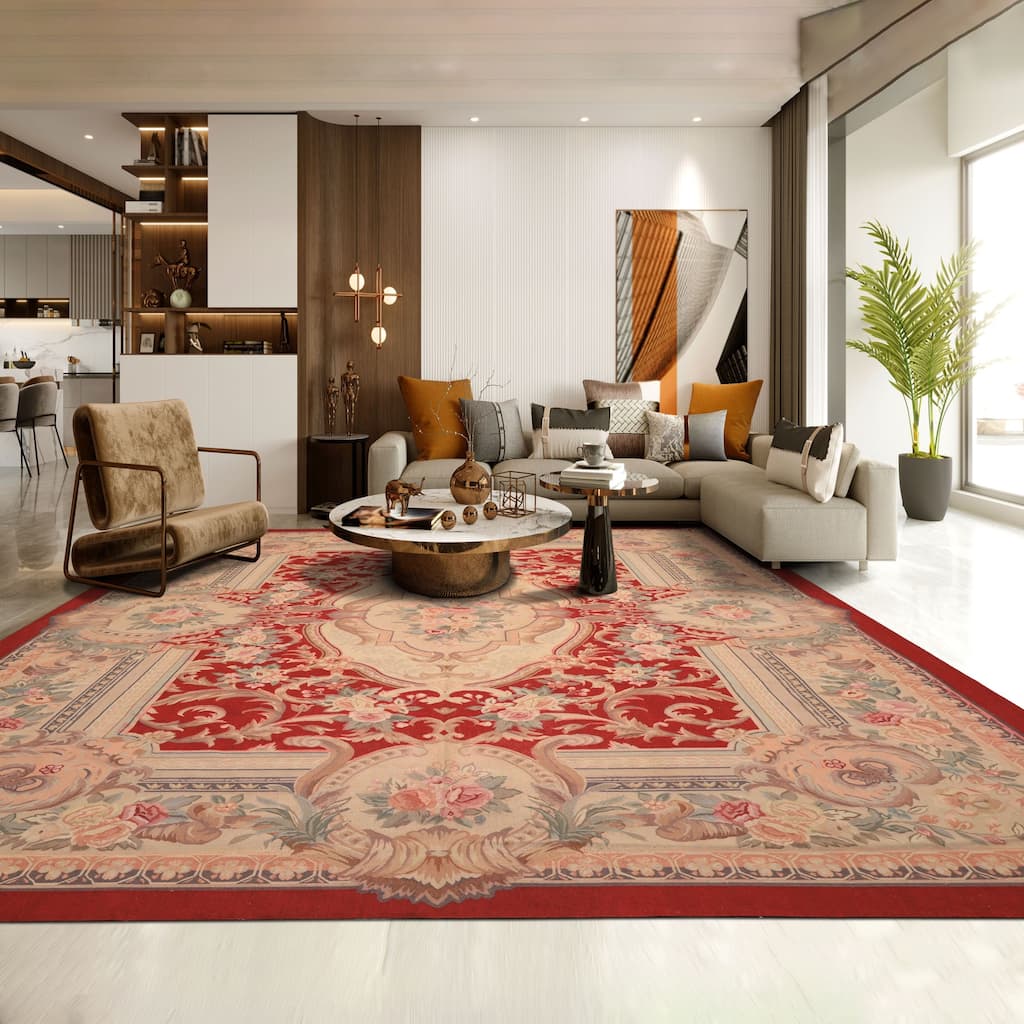 8'10''x12'4'' Hand Woven Flatweave Wool Red Medallion French Aubusson Rug - 8' 10'' x 12' 4''