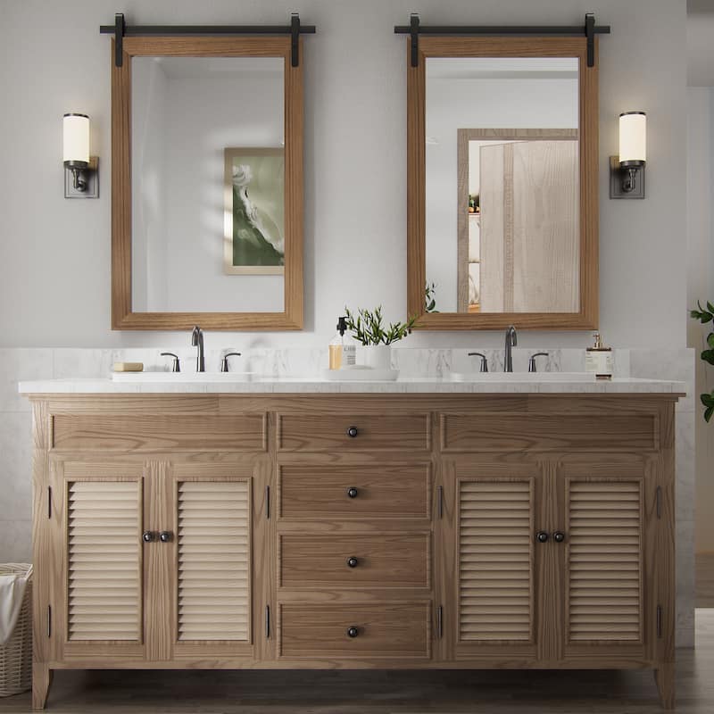 Farmhouse Rectangular Wood Frame Wall Mirror, Rustic Barn Door Bathroom Vanity Mirror