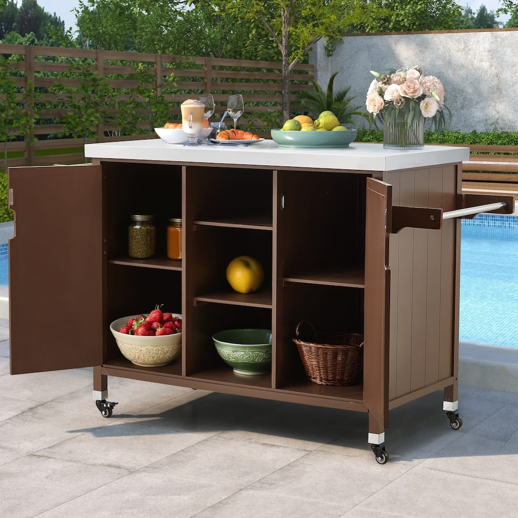 EROMMY Outdoor Kitchen Island on Wheels, Solid Cedar Wood Grill Cart with 201 Stainless Steel Top & 3‑Tier Storage - Wood Color