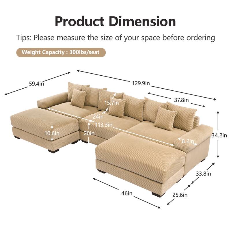 Roomfitters 130 Inch Modular Sectional Couch, Oversized Corduroy 3-Seater with Deep Seats, Camel