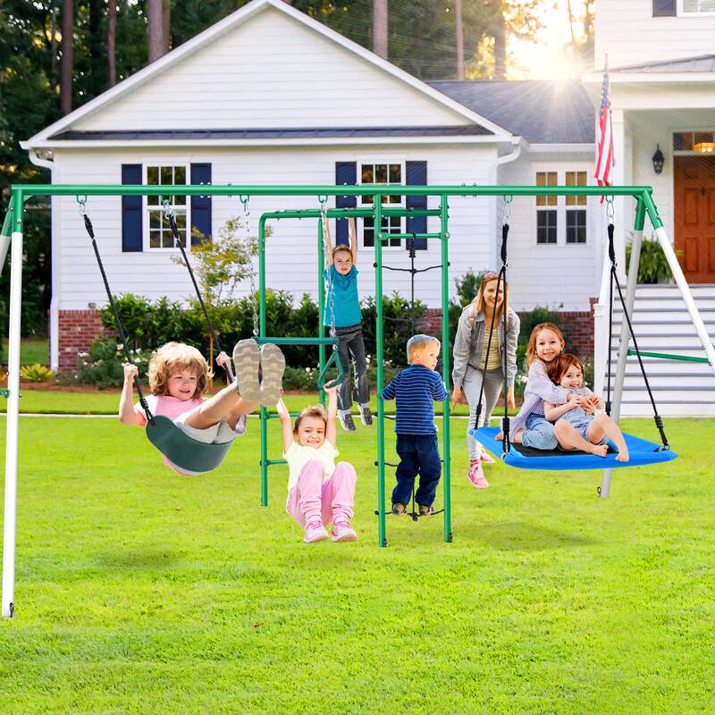 5 IN 1 Metal Swing Sets for Backyard with 2 Swings, Climbing Net, Trapeze Bar