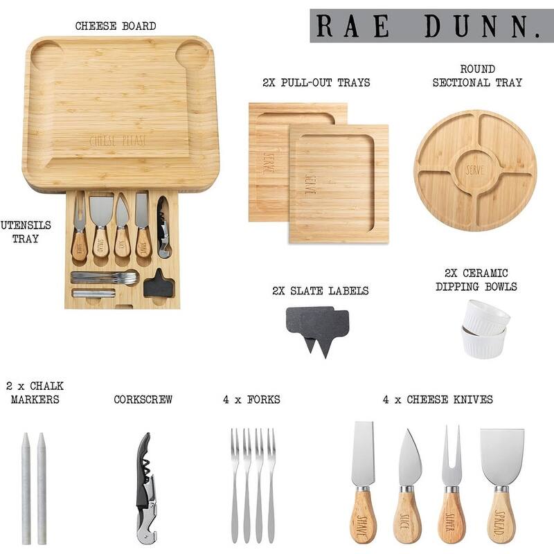 Rae Dunn Charcuterie Board & Accessories, Bamboo Cheese Board Set with Serving Forks and Platters, Cheese Knives Included
