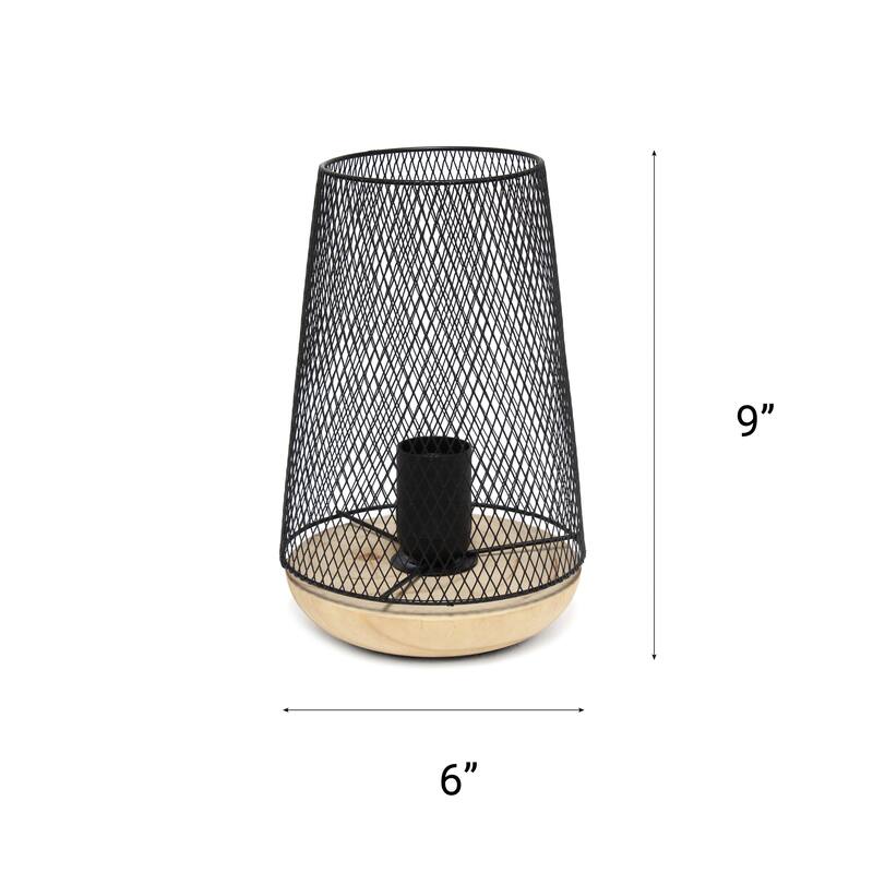 Metal Open Cage Mesh Table Lamp with Pine Wood Base - 6 x 6 x 9 in. (L x W x H)
