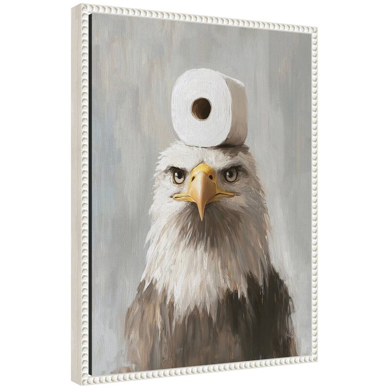 Kate and Laurel Sylvie Toilet Paper Roll on Bald Eagles Head Bathroom Art Framed Canvas by The Creative Bunch Studio - 18x24 - White