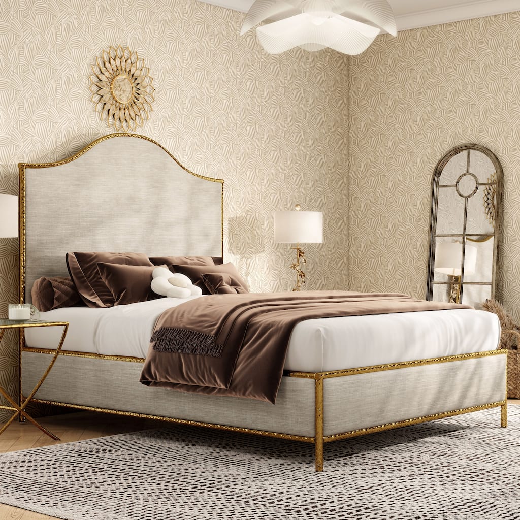 Furniture of America Zayen Modern Beige Upholstered Queen Size Hammered Metal Camelback Bed