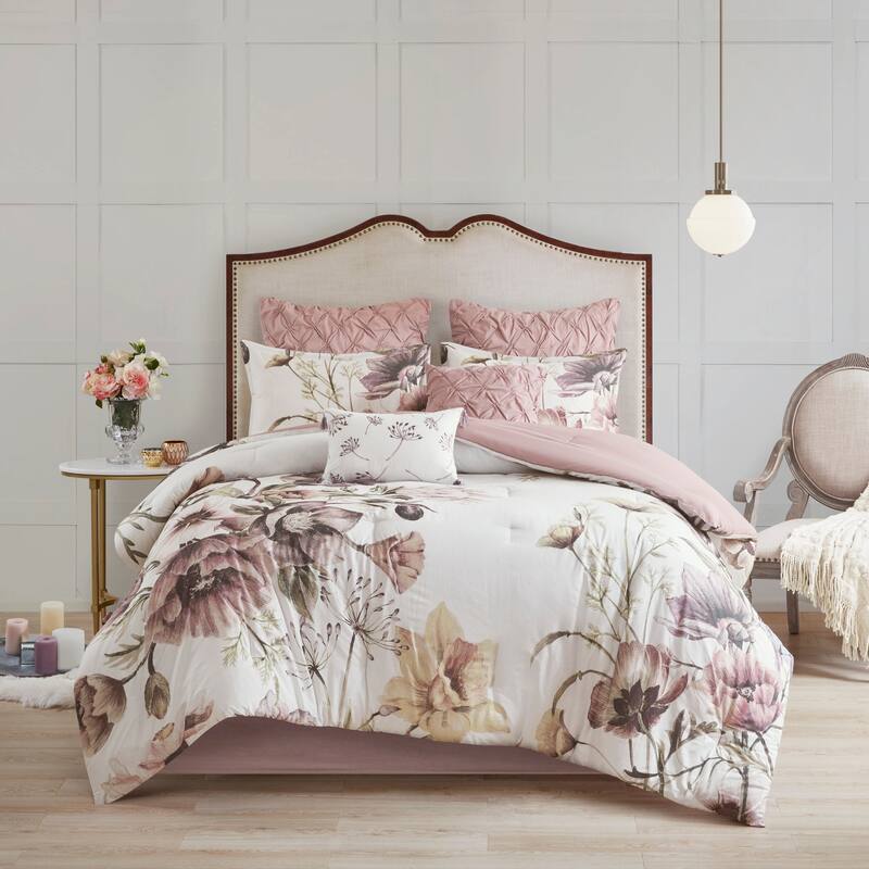 8 Piece Cotton Printed Comforter Set Blush Queen
