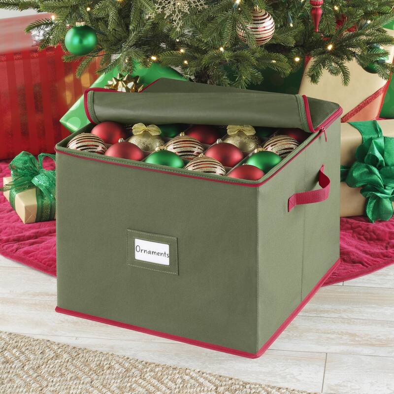 Whitmor Large Christmas Ornament Box 75 Sections, Green w/Red Trim