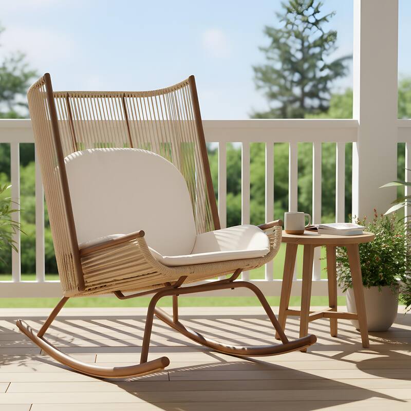 Christopher Knight Home - Outdoor Rocking Chair with PE Rattan and Wooden Side Table Set