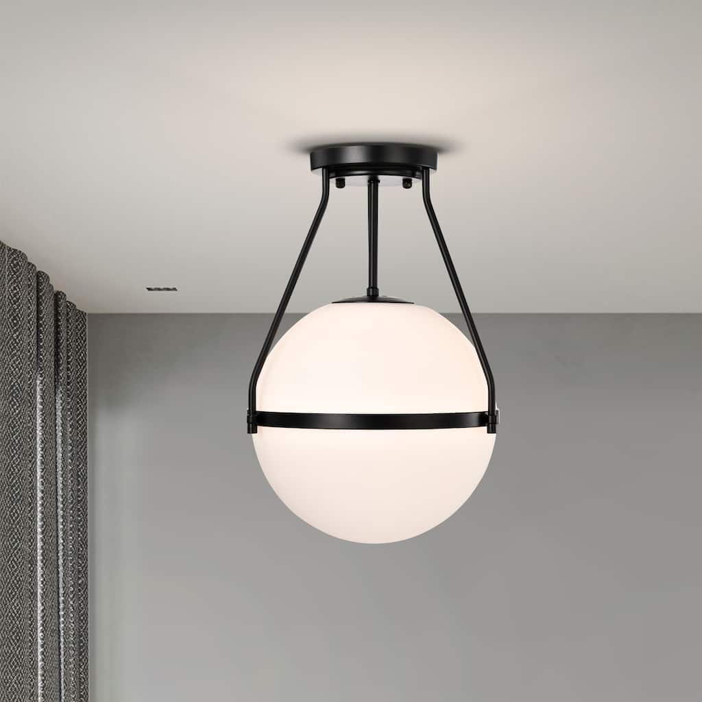 Matte Black Contemporary Semi-Flushmount Ceiling Lamp Metal with Frosted Globe
