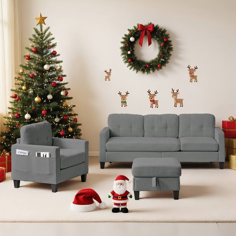Mixoy 76'' L-Shaped Sofa Set,Corduroy Sectional Sofa,Mid Century 3-Seater Sofa with Storage Ottoman/Loveseat/Single Sofa - 3+1 - Grey